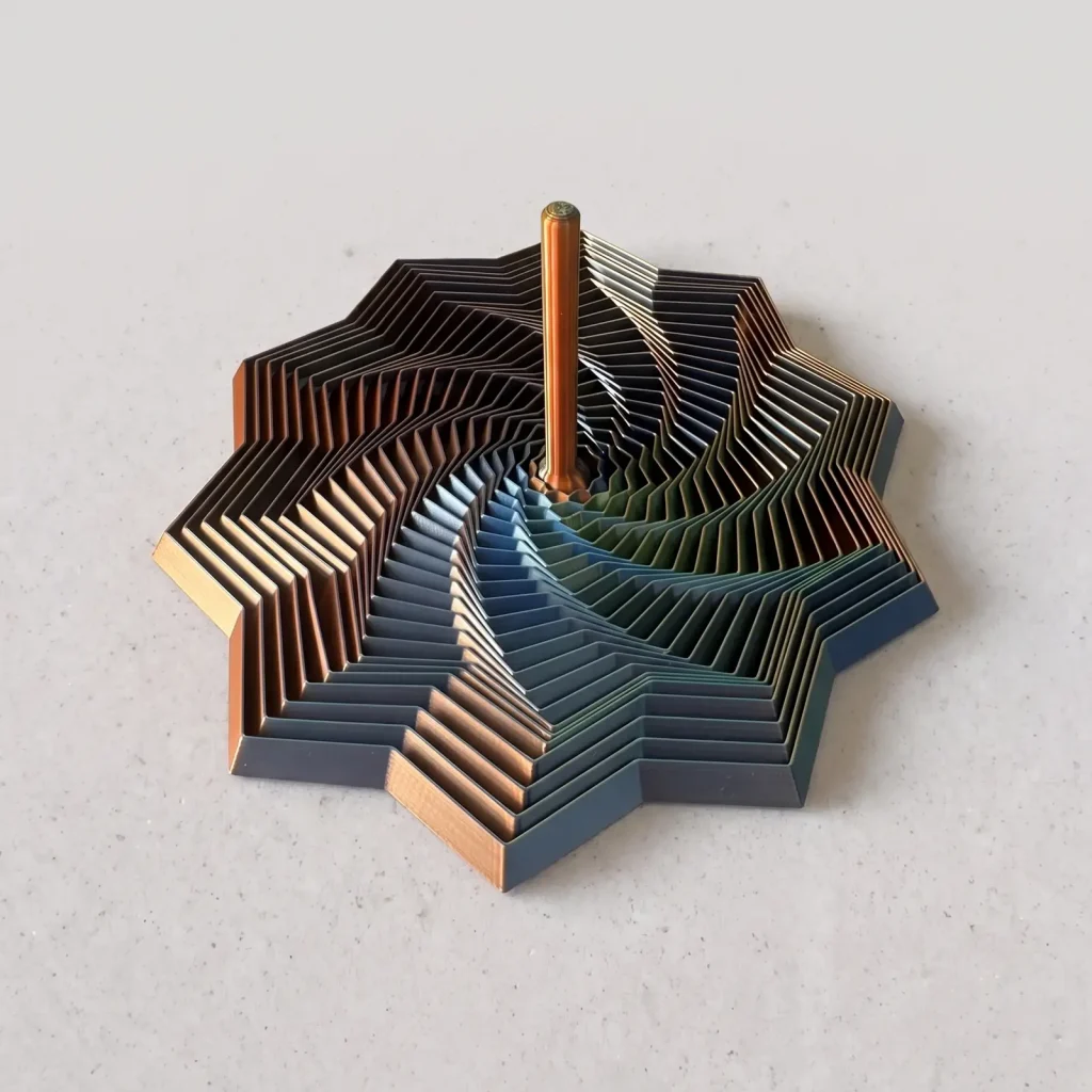 Estrella espiral grande impresa en 3D en filamento Silk azul, verde y naranja, con eje central